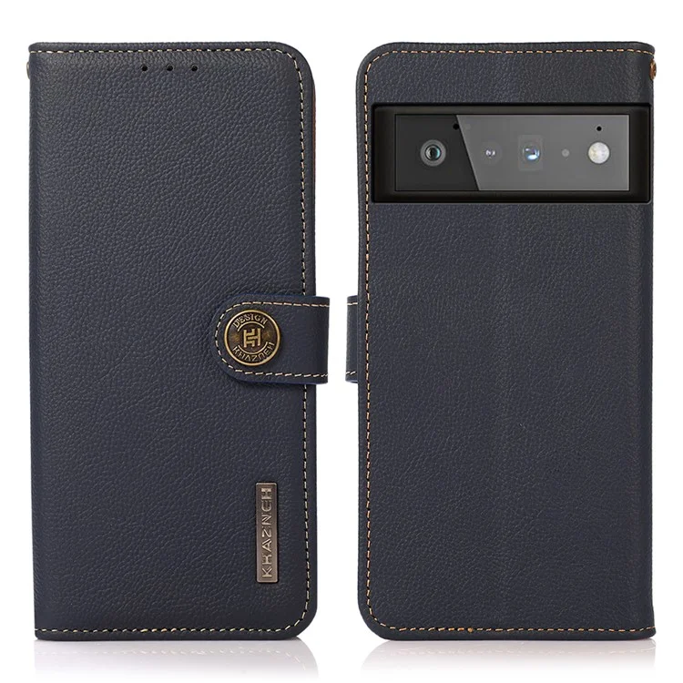 KHAZNEH Genuine Leather Phone Shell Case with RFID Anti-theft Swiping Design for Google Pixel 6 Pro - Blue