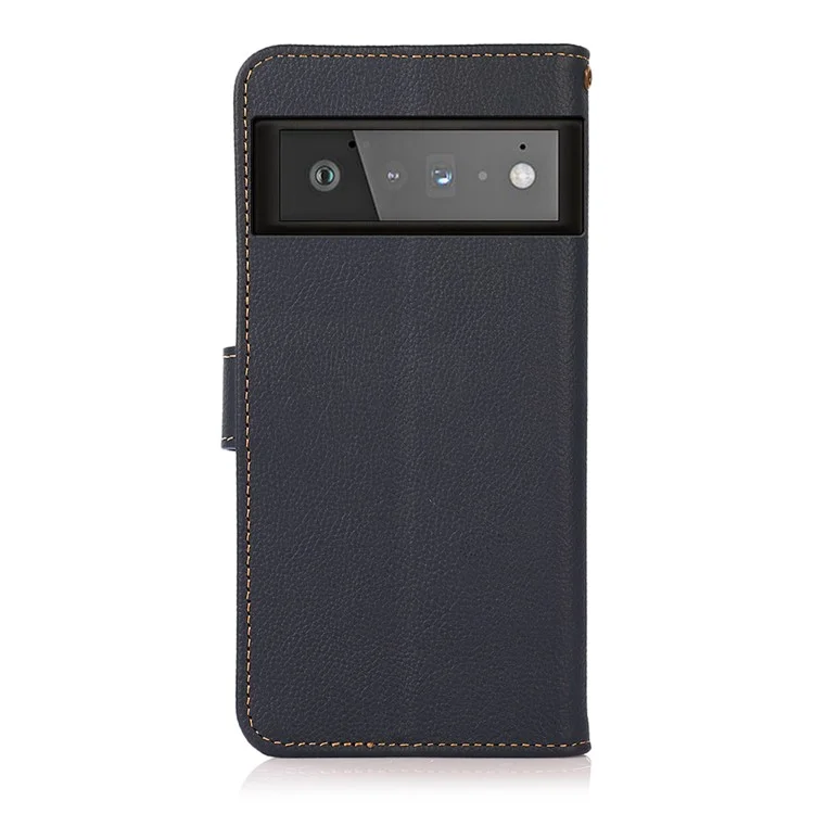 KHAZNEH Genuine Leather Phone Shell Case with RFID Anti-theft Swiping Design for Google Pixel 6 Pro - Blue