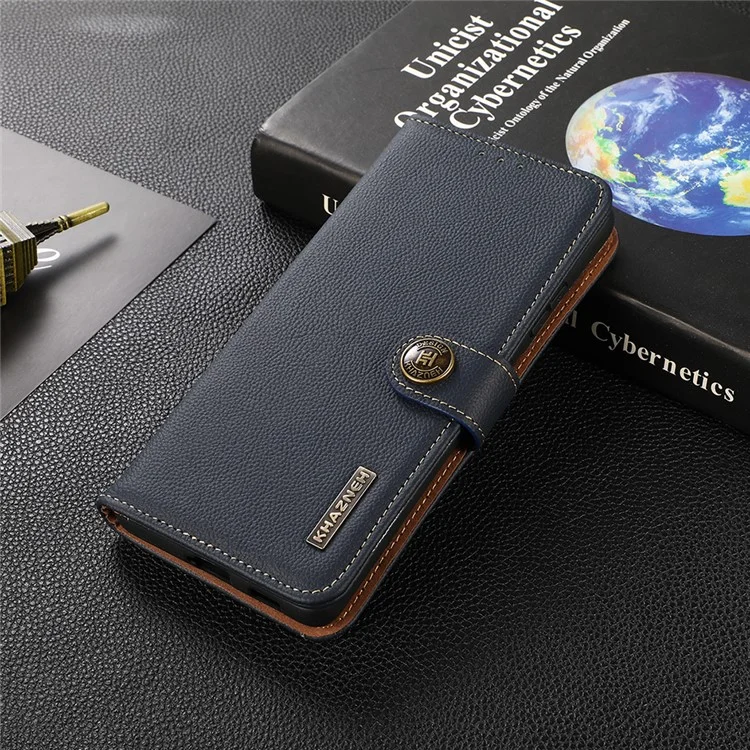 KHAZNEH Genuine Leather Phone Shell Case with RFID Anti-theft Swiping Design for Google Pixel 6 Pro - Blue