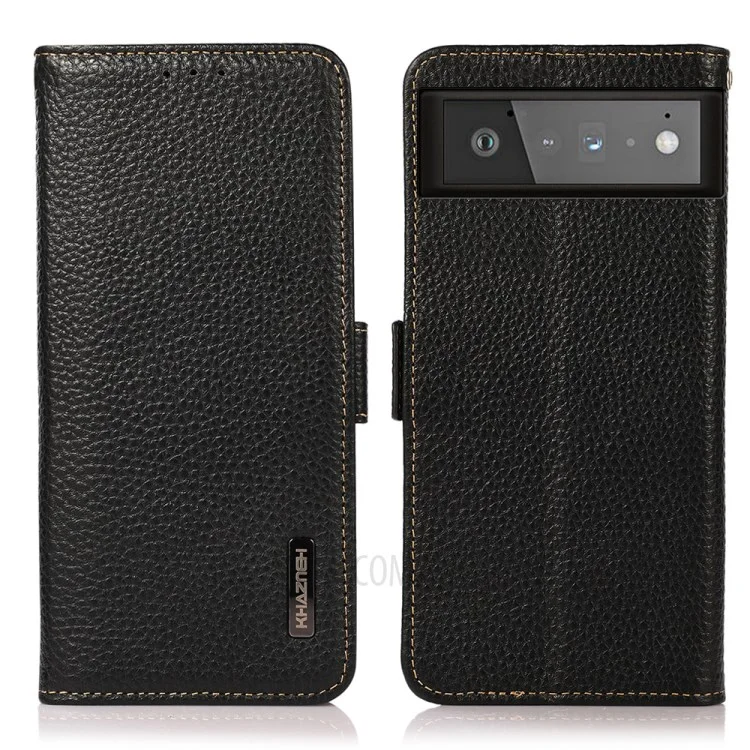 KHAZNEH Para Google Pixel 6 Genuine Leather Case Textura Litchi Design Anti-roubo Swiping Carteira Protetora de Telefone com Suporte - Preto
