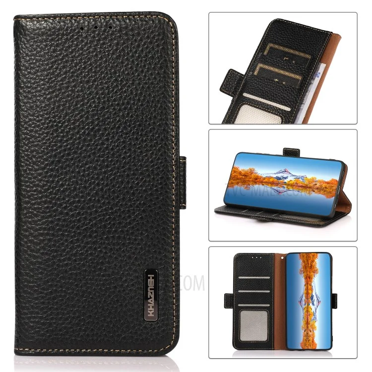 KHAZNEH Para Google Pixel 6 Genuine Leather Case Textura Litchi Design Anti-roubo Swiping Carteira Protetora de Telefone com Suporte - Preto