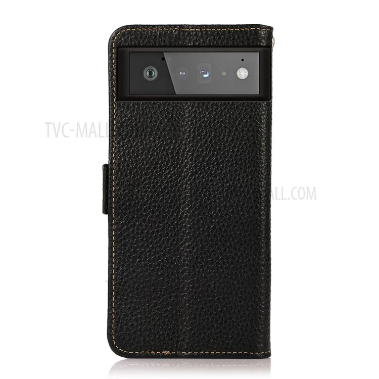 KHAZNEH Para Google Pixel 6 Genuine Leather Case Textura Litchi Design Anti-roubo Swiping Carteira Protetora de Telefone com Suporte - Preto