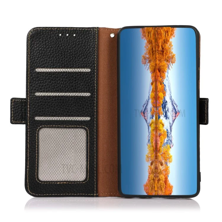 KHAZNEH Para Google Pixel 6 Genuine Leather Case Textura Litchi Design Anti-roubo Swiping Carteira Protetora de Telefone com Suporte - Preto