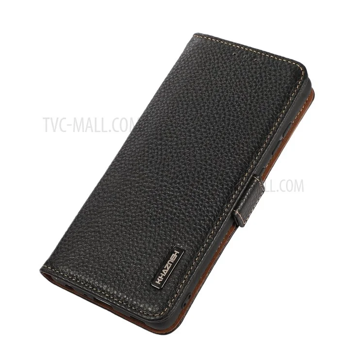 KHAZNEH Para Google Pixel 6 Genuine Leather Case Textura Litchi Design Anti-roubo Swiping Carteira Protetora de Telefone com Suporte - Preto