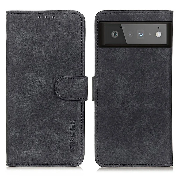 KHAZNEH for Google Pixel 6 PU Leather Phone Case Vintage Style Wallet Stand Flip Cover - Black