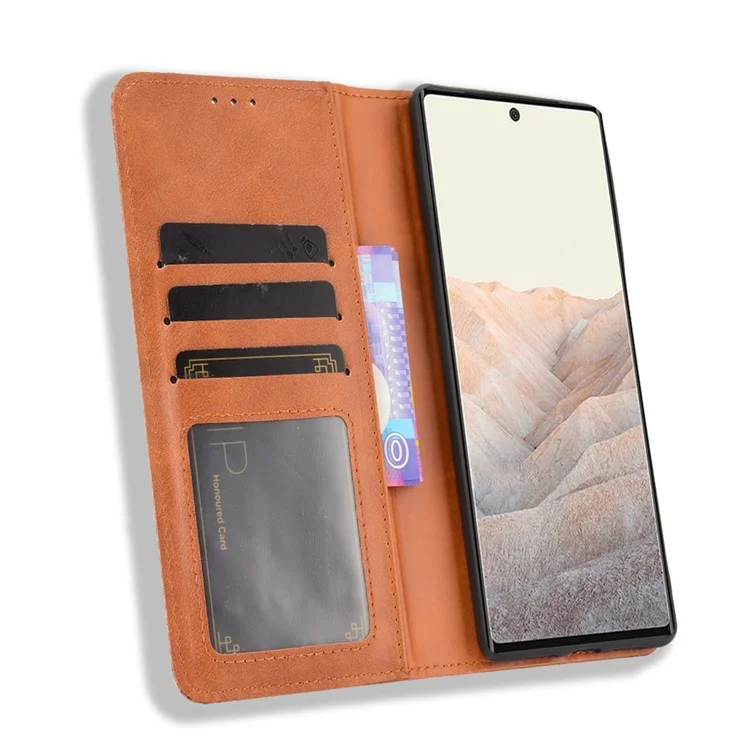Vintage Style Stand Wallet Leather Cover Phone Case for Google Pixel 6 - Brown