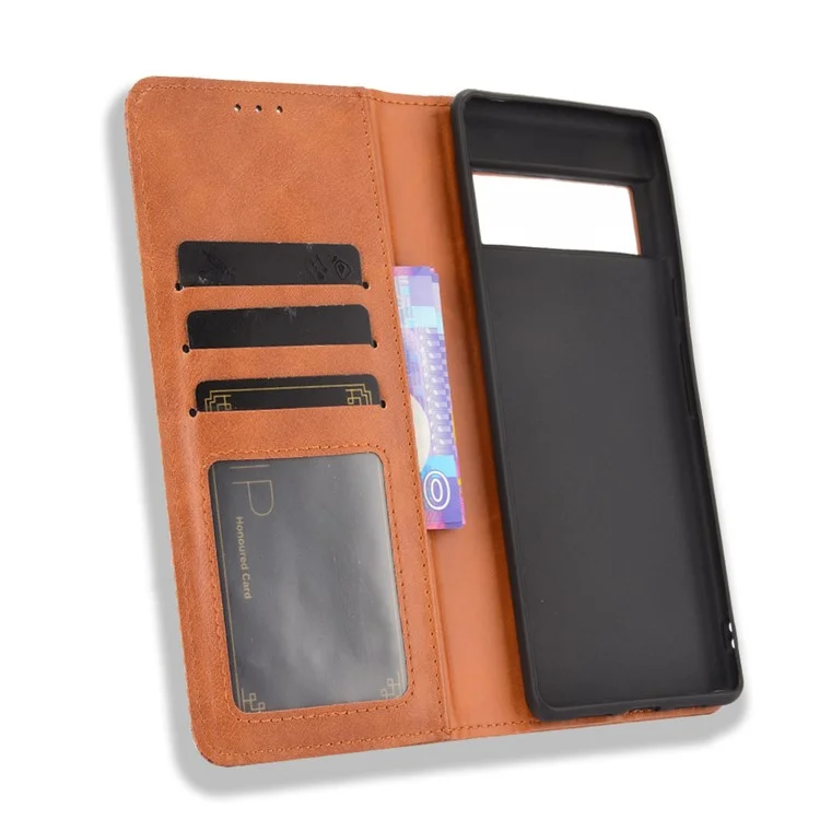 Vintage Style Stand Wallet Leather Cover Phone Case for Google Pixel 6 - Brown