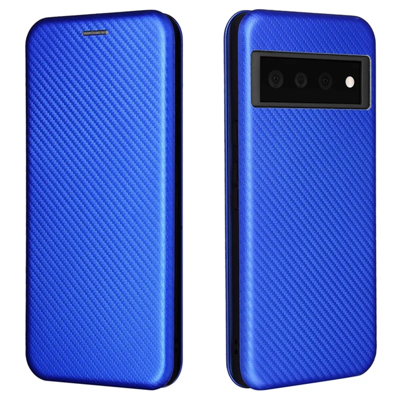 Automatisch sluitend lederen hoes met koolstofvezelstructuur, met kaartvak en ringbandje voor Google Pixel 6 - Blauw