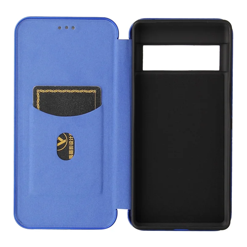 Automatisch sluitend lederen hoes met koolstofvezelstructuur, met kaartvak en ringbandje voor Google Pixel 6 - Blauw