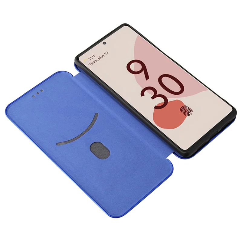 Automatisch sluitend lederen hoes met koolstofvezelstructuur, met kaartvak en ringbandje voor Google Pixel 6 - Blauw