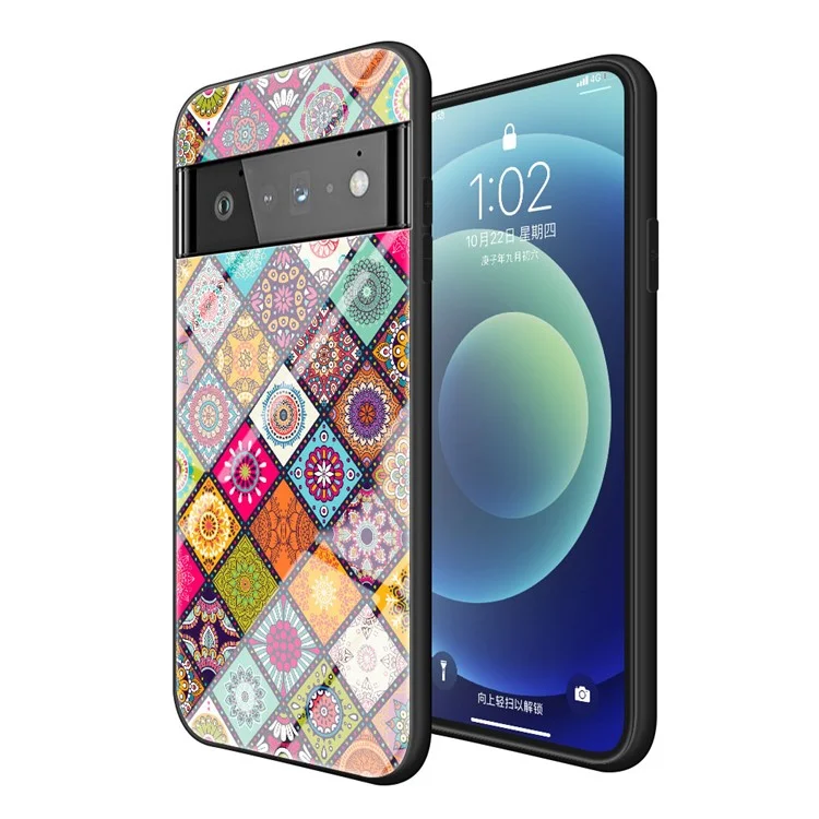 Colorful Flower Pattern Tempered Glass Hybrid Slim Lightweight Back Cover with Kickstand Strap for Google Pixel 6 Pro - Color Pattern
