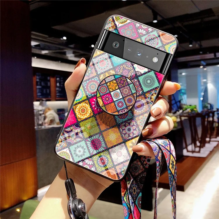 Colorful Flower Pattern Tempered Glass Hybrid Slim Lightweight Back Cover with Kickstand Strap for Google Pixel 6 Pro - Color Pattern