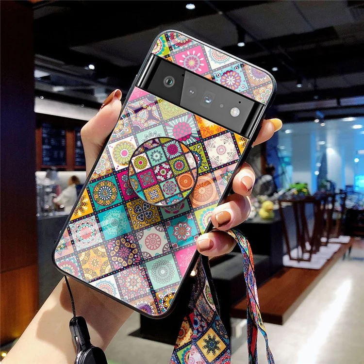 Colorful Flower Pattern Tempered Glass Hybrid Slim Lightweight Back Cover with Kickstand Strap for Google Pixel 6 Pro - Color Pattern