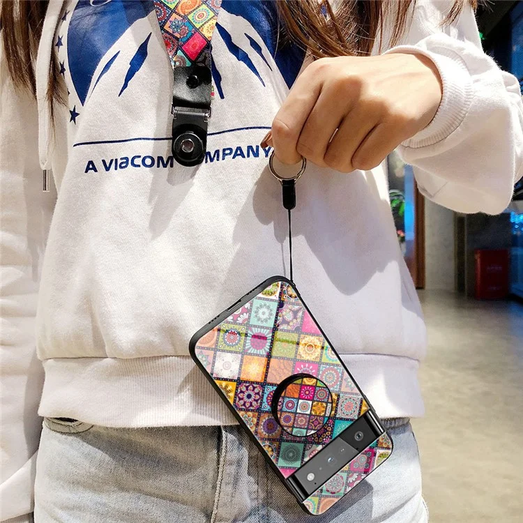 Colorful Flower Pattern Tempered Glass Hybrid Slim Lightweight Back Cover with Kickstand Strap for Google Pixel 6 Pro - Color Pattern