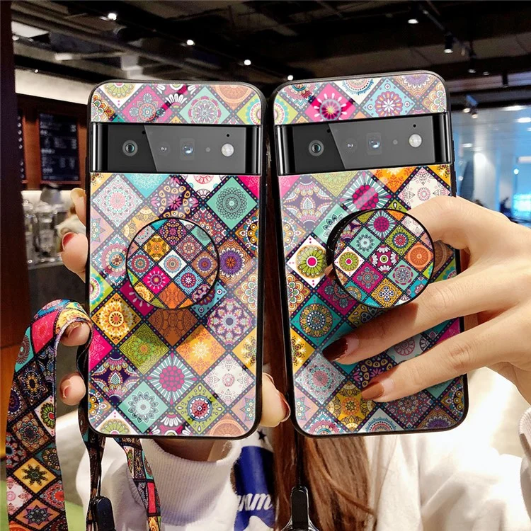 Colorful Flower Pattern Tempered Glass Hybrid Slim Lightweight Back Cover with Kickstand Strap for Google Pixel 6 Pro - Color Pattern