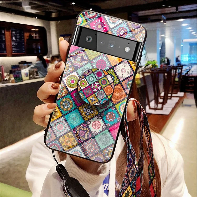 Colorful Flower Pattern Tempered Glass Hybrid Slim Lightweight Back Cover with Kickstand Strap for Google Pixel 6 Pro - Color Pattern