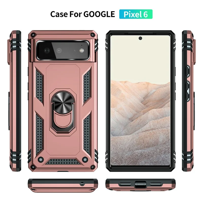 Military Grade PC + TPU Shockproof Hybrid Cover with Rotary Ring Kickstand for Google Pixel 6 - Rose Gold