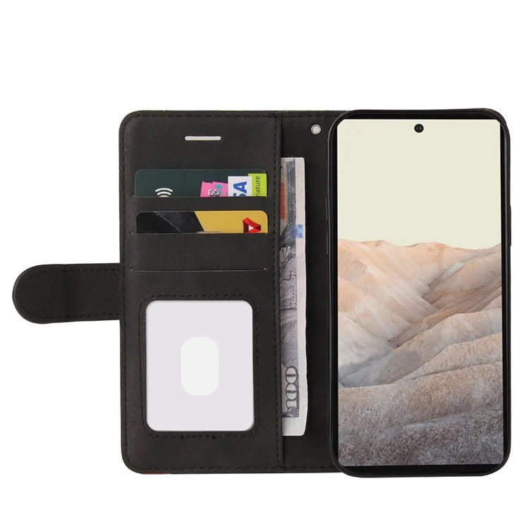 KT Leather Series-1 Bi-color Splicing PU Leather Wallet Case Flip Stand Cover with Wrist Strap for Google Pixel 6 - Preto