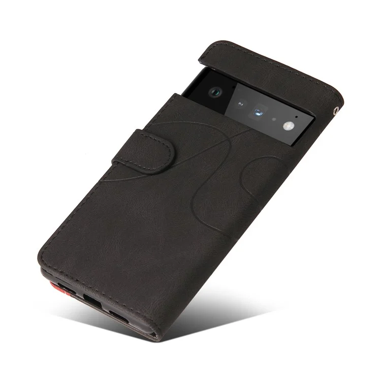 KT Leather Series-1 Bi-color Splicing PU Leather Wallet Case Flip Stand Cover with Wrist Strap for Google Pixel 6 - Preto