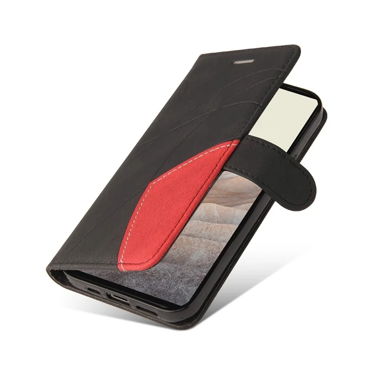 KT Leather Series-1 Bi-color Splicing PU Leather Wallet Case Flip Stand Cover with Wrist Strap for Google Pixel 6 - Preto