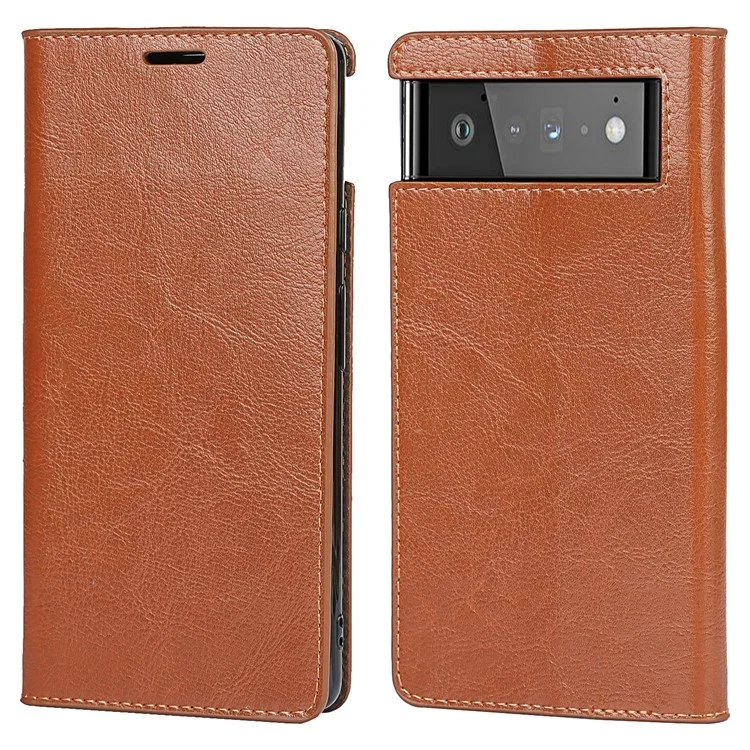 Drop-Proof Crazy Horse Genuine Leather Case with Wallet Stand Design for Google Pixel 6 - Light Brown