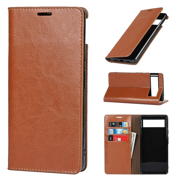 Drop-Proof Crazy Horse Genuine Leather Case with Wallet Stand Design for Google Pixel 6 - Light Brown