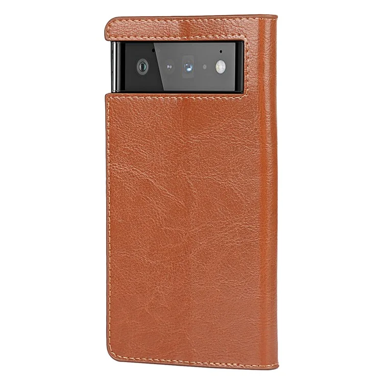 Drop-Proof Crazy Horse Genuine Leather Case with Wallet Stand Design for Google Pixel 6 - Light Brown