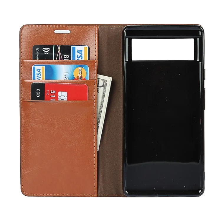 Drop-Proof Crazy Horse Genuine Leather Case with Wallet Stand Design for Google Pixel 6 - Light Brown