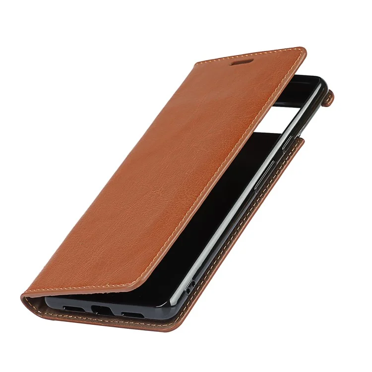 Drop-Proof Crazy Horse Genuine Leather Case with Wallet Stand Design for Google Pixel 6 - Light Brown