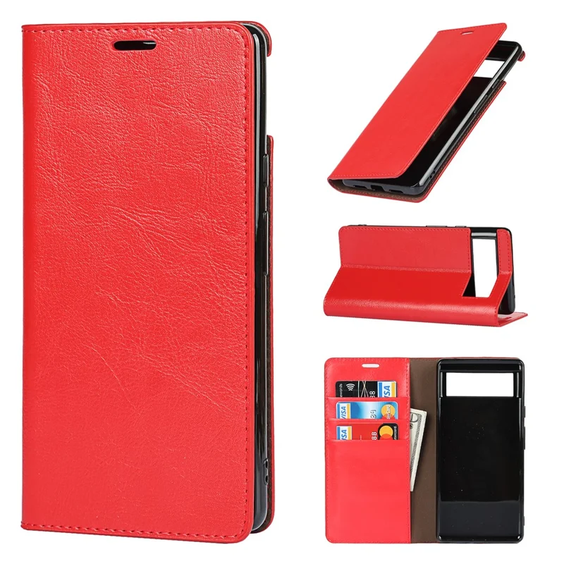 Stødfast pungtaske i ægte hestelædert med standerdesign til Google Pixel 6 - Rød