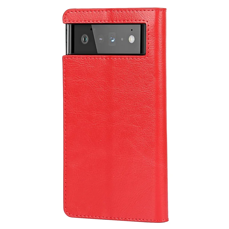 Stødfast pungtaske i ægte hestelædert med standerdesign til Google Pixel 6 - Rød