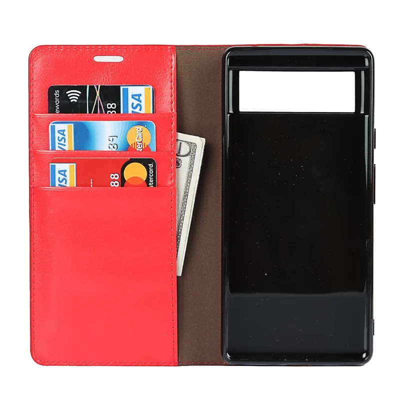 Stødfast pungtaske i ægte hestelædert med standerdesign til Google Pixel 6 - Rød