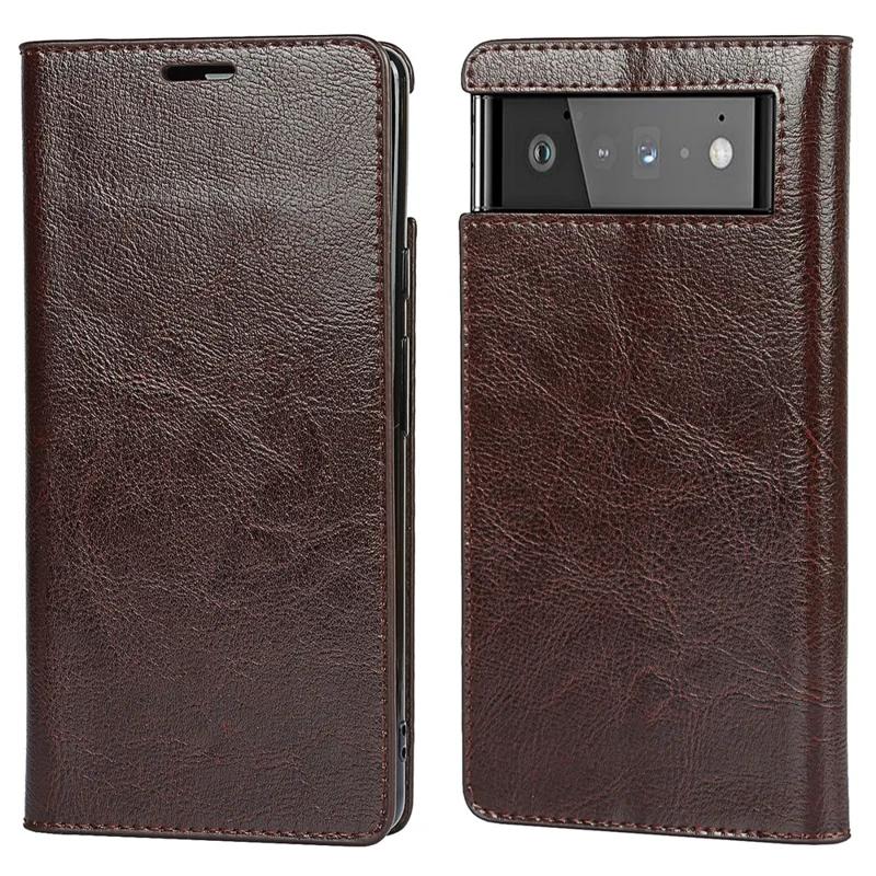 Drop-Proof Crazy Horse Genuine Leather Case with Wallet Stand Design for Google Pixel 6 - Dark Brown