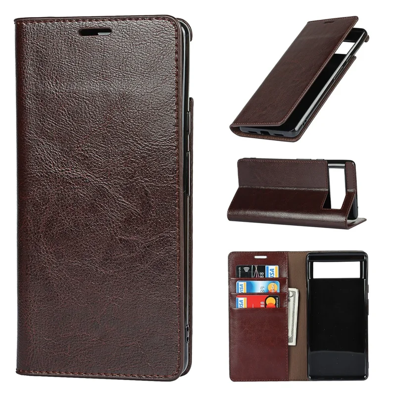 Drop-Proof Crazy Horse Genuine Leather Case with Wallet Stand Design for Google Pixel 6 - Dark Brown