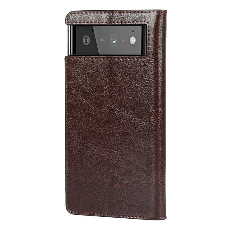Drop-Proof Crazy Horse Genuine Leather Case with Wallet Stand Design for Google Pixel 6 - Dark Brown