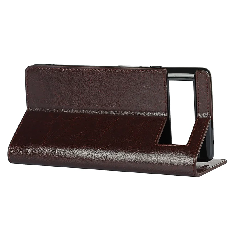 Drop-Proof Crazy Horse Genuine Leather Case with Wallet Stand Design for Google Pixel 6 - Dark Brown