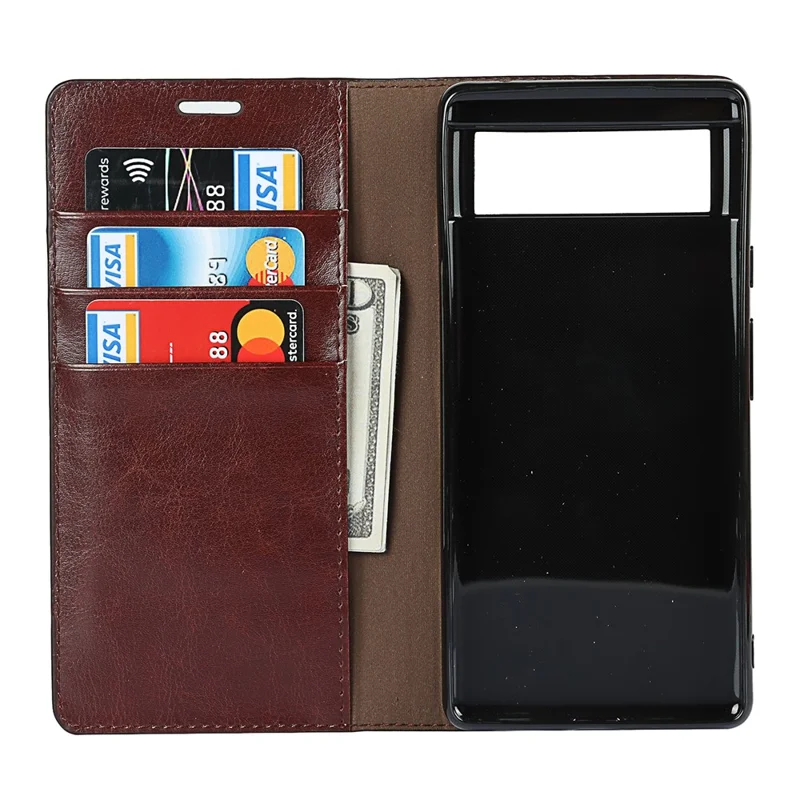 Drop-Proof Crazy Horse Genuine Leather Case with Wallet Stand Design for Google Pixel 6 - Dark Brown