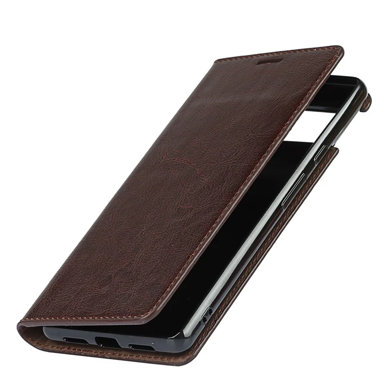 Drop-Proof Crazy Horse Genuine Leather Case with Wallet Stand Design for Google Pixel 6 - Dark Brown