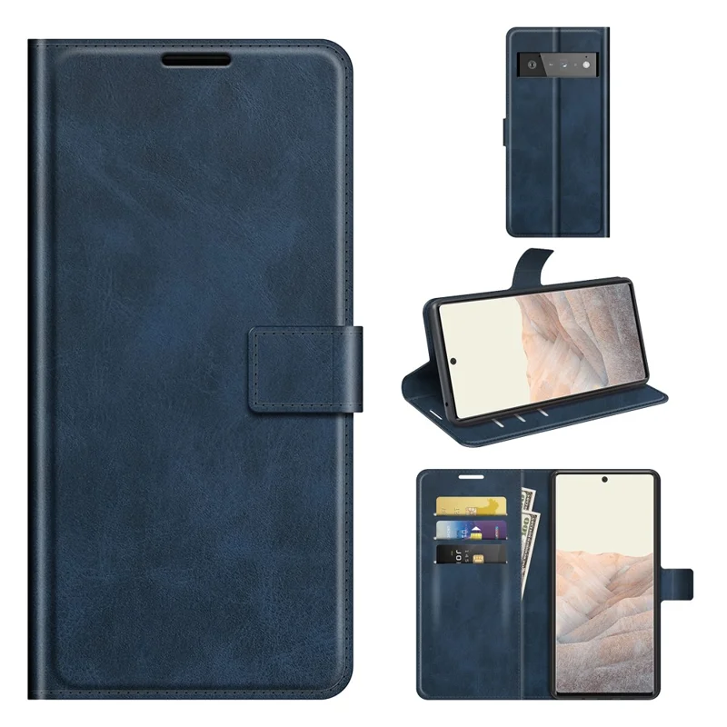PU Leather Flip Folio Stand Magnetic Closure Shockproof Wallet Case for Google Pixel 6 Pro - Blue