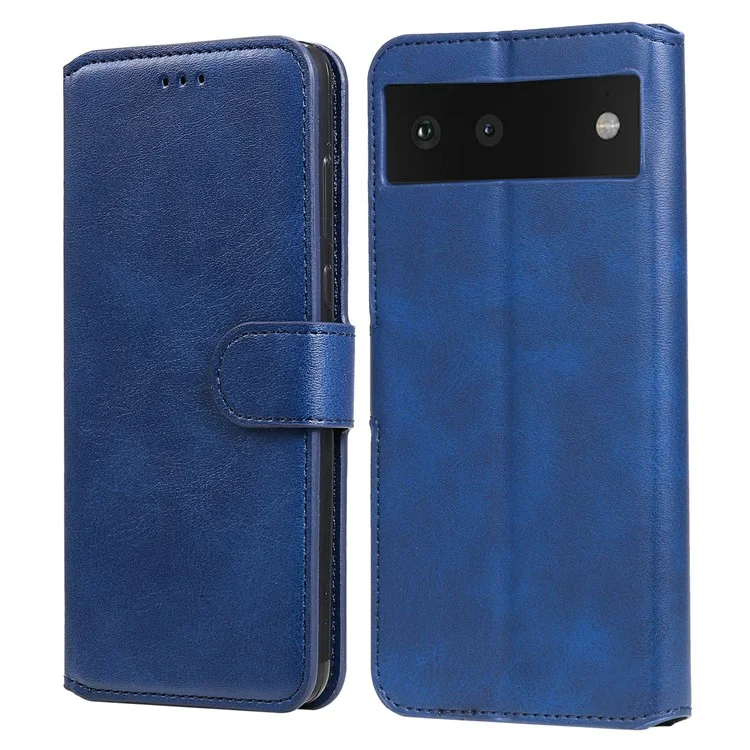 All-round Protective Leather Wallet Cell Phone Cover Shell with Stand for Google Pixel 6 - Blue