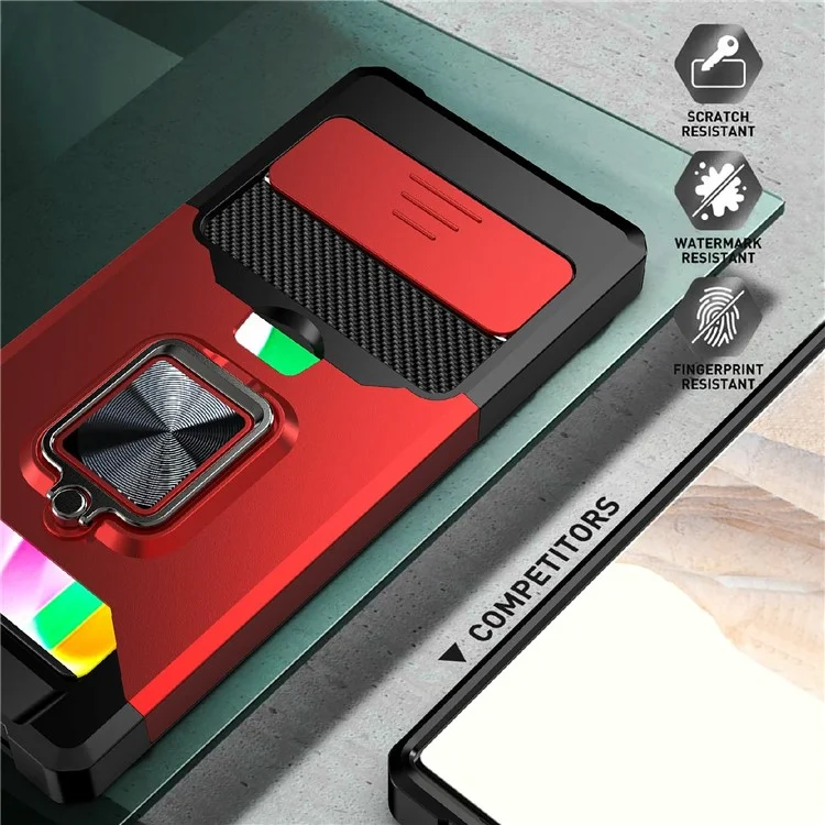 Card Slot Kickstand PC + TPU Hybrid Case Camera Slide Protector Phone Shell for Google Pixel 6 Pro - Gold