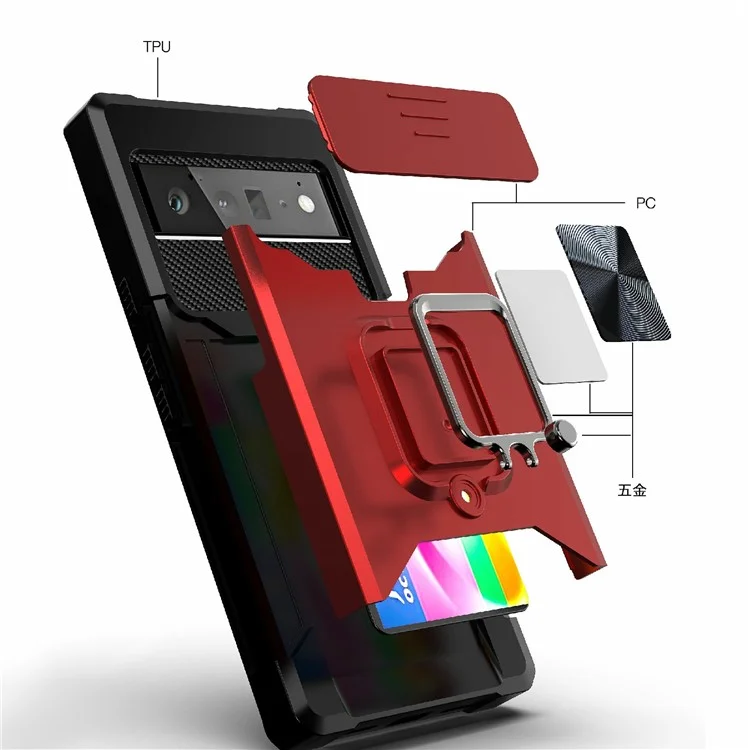 Card Slot Kickstand PC + TPU Hybrid Case Camera Slide Protector Phone Shell for Google Pixel 6 Pro - Gold