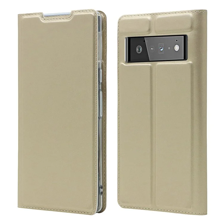 Card Holder Design PU Leather Magnetic Closure Cell Phone Case for Google Pixel 6 - Gold