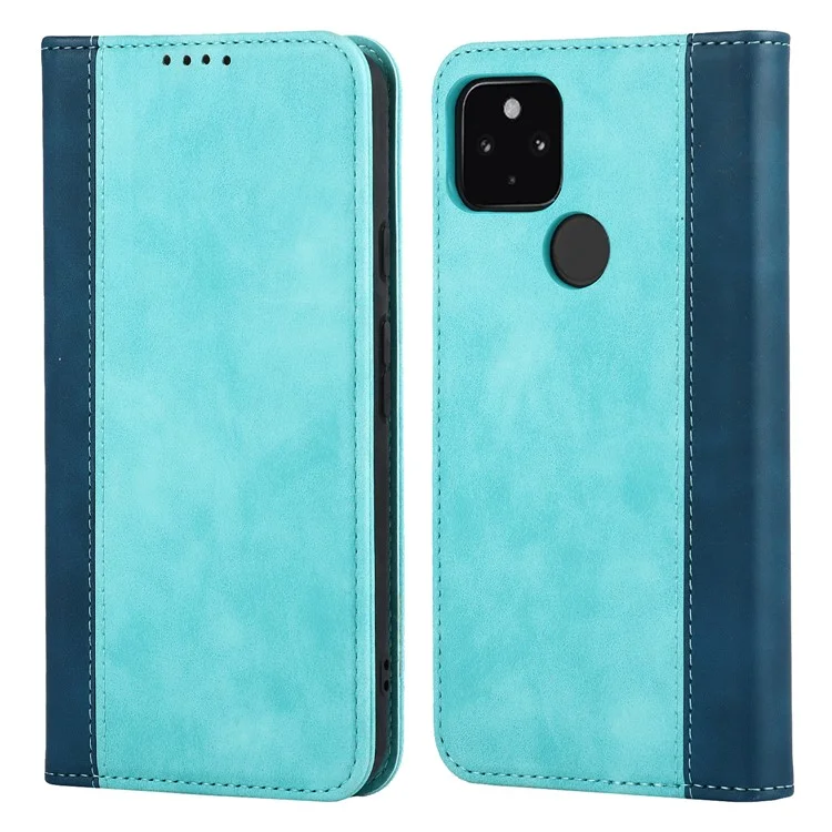 Protezione Completa Auto-Assorbed Bi-Color Design Design Portafoglio In Pelle Shell Custodia Per Google Pixel 5A 5G - Azzurro / Blu Scuro