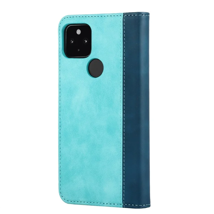 Protezione Completa Auto-Assorbed Bi-Color Design Design Portafoglio In Pelle Shell Custodia Per Google Pixel 5A 5G - Azzurro / Blu Scuro