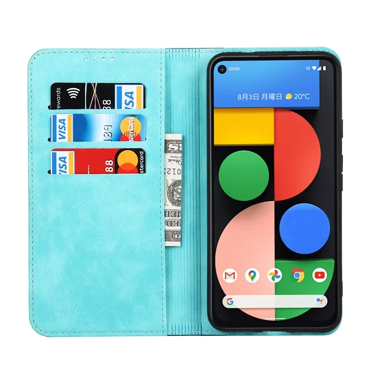 Protezione Completa Auto-Assorbed Bi-Color Design Design Portafoglio In Pelle Shell Custodia Per Google Pixel 5A 5G - Azzurro / Blu Scuro