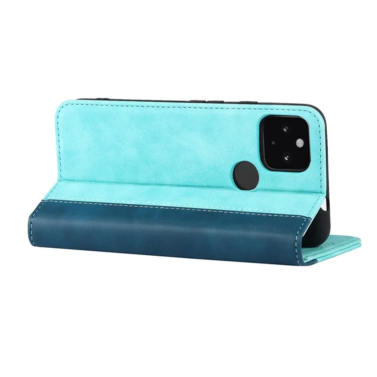 Protezione Completa Auto-Assorbed Bi-Color Design Design Portafoglio In Pelle Shell Custodia Per Google Pixel 5A 5G - Azzurro / Blu Scuro