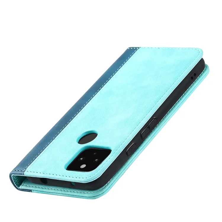 Protezione Completa Auto-Assorbed Bi-Color Design Design Portafoglio In Pelle Shell Custodia Per Google Pixel 5A 5G - Azzurro / Blu Scuro