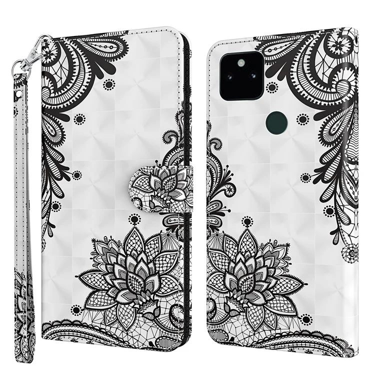 3D Pattern Printing All-round Shockproof Leather Stand Case Wallet Cover with Strap for Google Pixel 5a 5G - Lace Flower