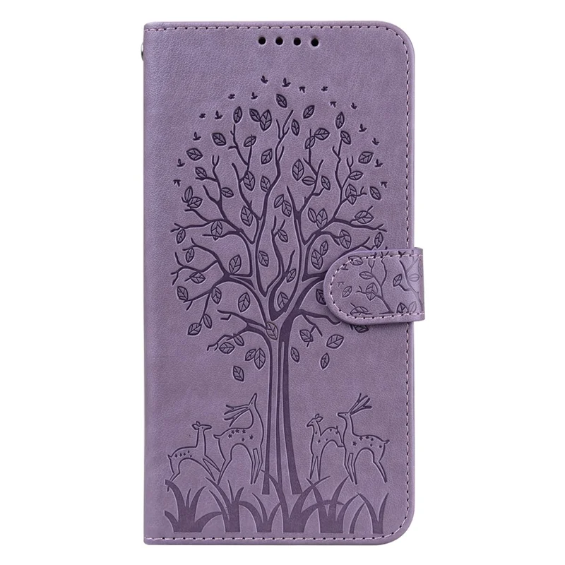 Tree and Deer Imprinted Wallet Stand Design All-round Protection Double-sided Magnetic Clasp Leather Phone Shell Case for Google Pixel 5a 5G - Purple